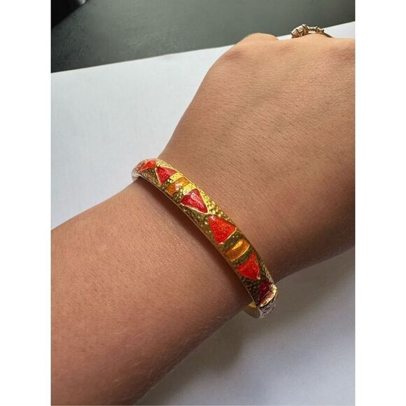 Vintage Womens Lava Ammolite Native Gold Toned Embossed Bangle Cuff Bracelet - Picture 5 of 6